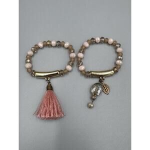 Set of 2 Beads Beaded Bracelets W/ Tassel & Leaf Charm READ DESCRIPTION